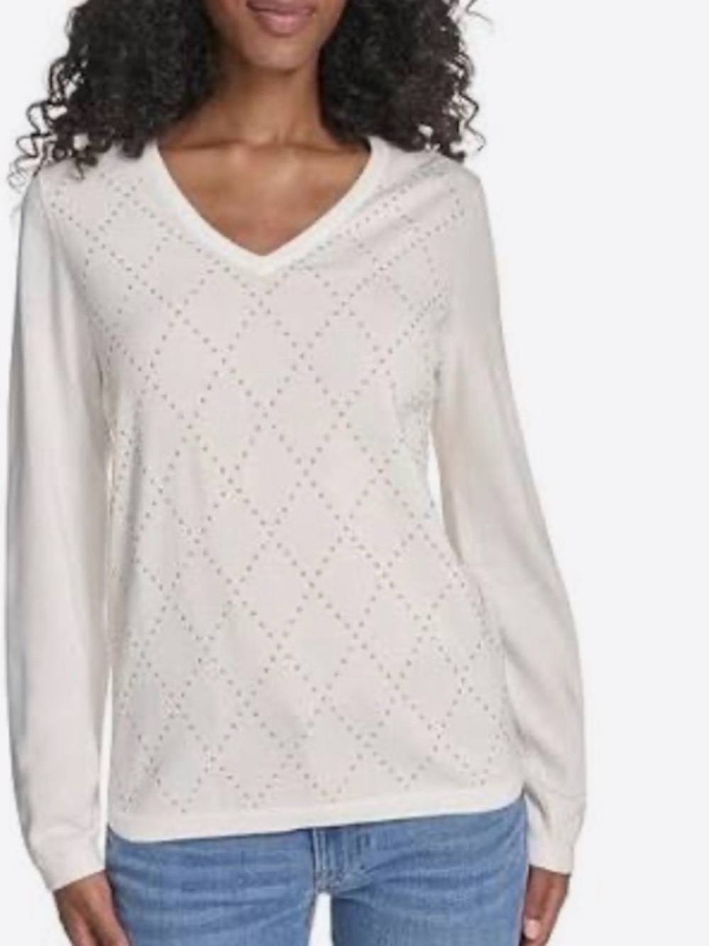 Tommy Hilfiger Women’s V-Neck Studded Argyle Cotton Knit Sweater Ivory Size XXL